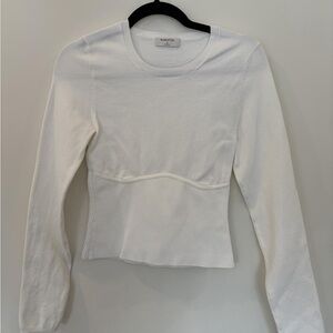 Babaton White Ribbed-Peplum Long Sleeve Top
